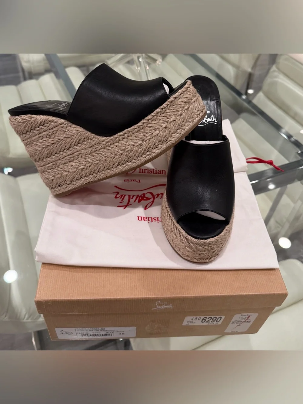 Christian Louboutin Black Leather Espadrille Wedge Sandals with Red Sole